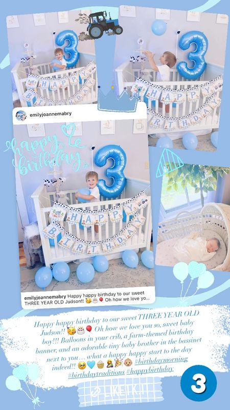 Happy happy birthday to our sweet THREE YEAR OLD Judson!! 🥳🎂🎈Oh how we love you so, sweet baby boy!!! Balloons in your crib, a farm-themed birthday banner, and an adorable tiny baby brother in the bassinet next to you… what a happy happy start to the day indeed!! 🥹🩵🧁🤱🎉👶🏼 #birthdaymorning #birthdaytraditions #happybirthday


#LTKFamily #LTKHome #LTKBaby
