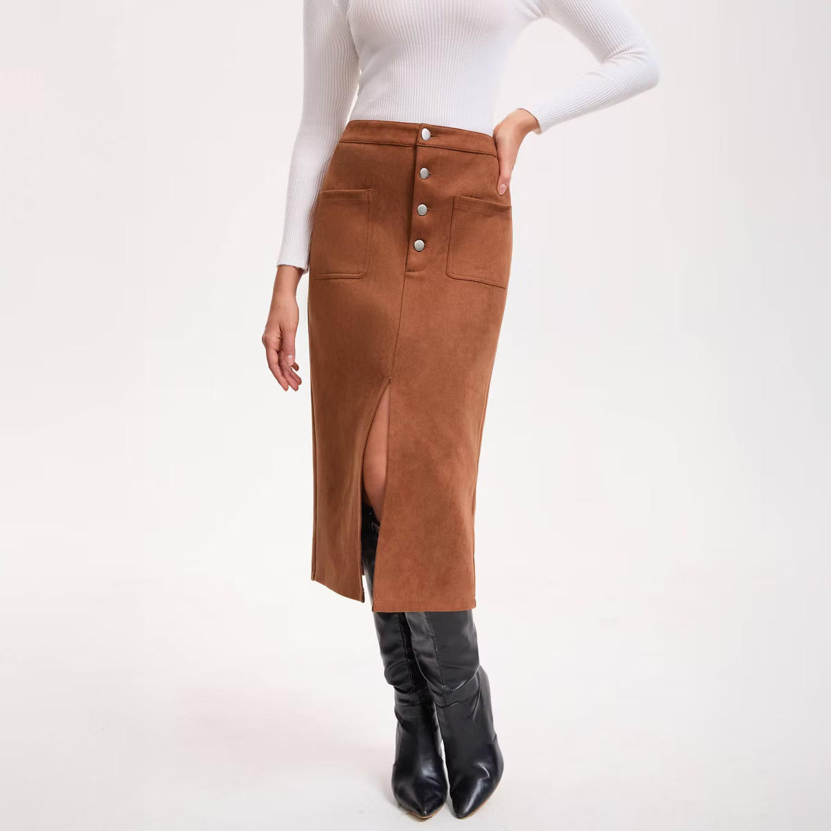 Women's Faux Suede Pocket Midi Pencil Skirt - A New Day™ Caramel | Target