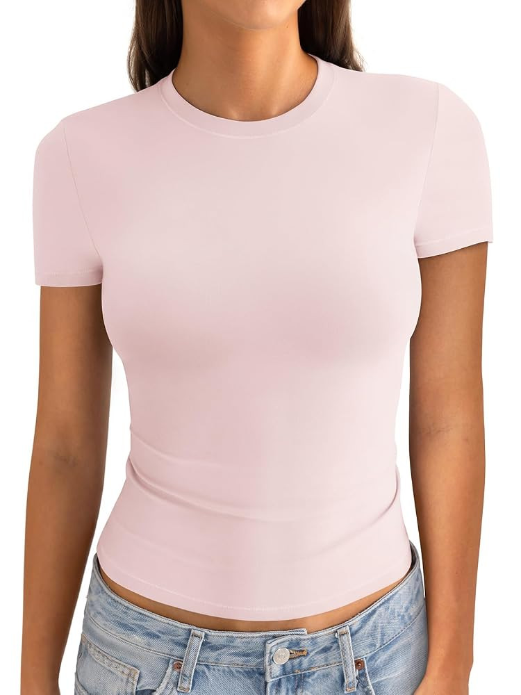 Womens Cotton Crew Neck Short Sleeve Shirts Summer Top Fashion Round Neck Crop Tops Basic Going O... | Amazon (US)