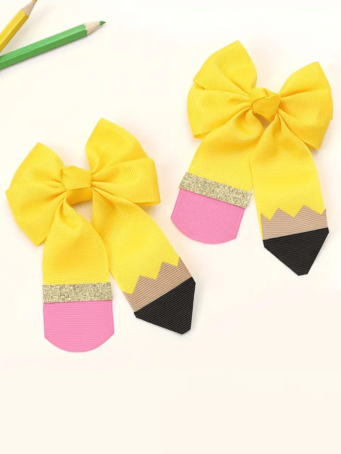 2pcs Yellow Pencil Bow Hair Clips, Girl's Satin Ribbon Cute Pencil Bow Hair Clips, Hair Accessori... | SHEIN
