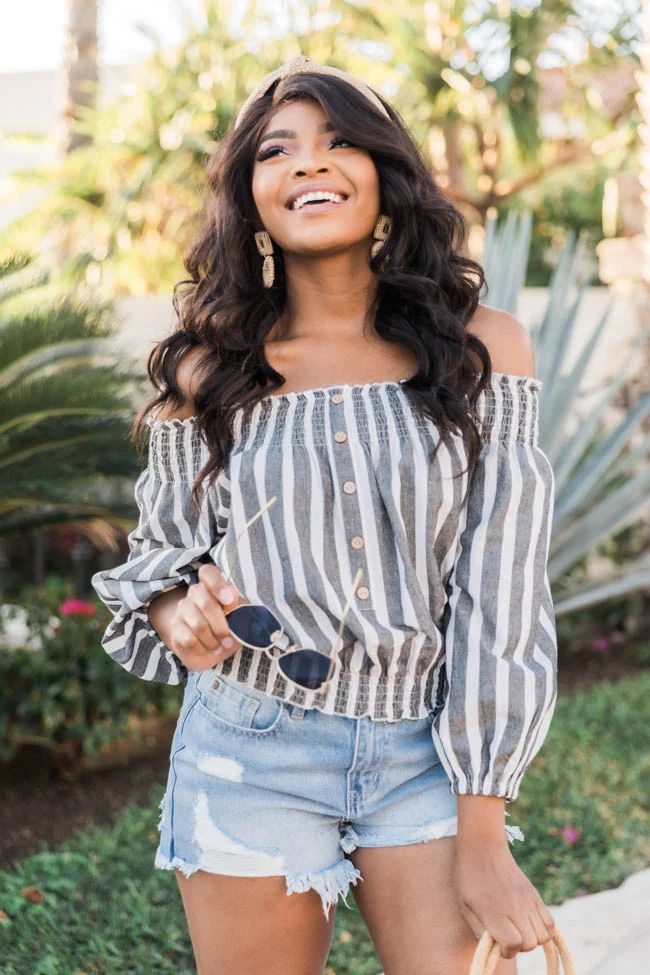 Someday You'll See Stripe Off The Shoulder Black Blouse | The Pink Lily Boutique