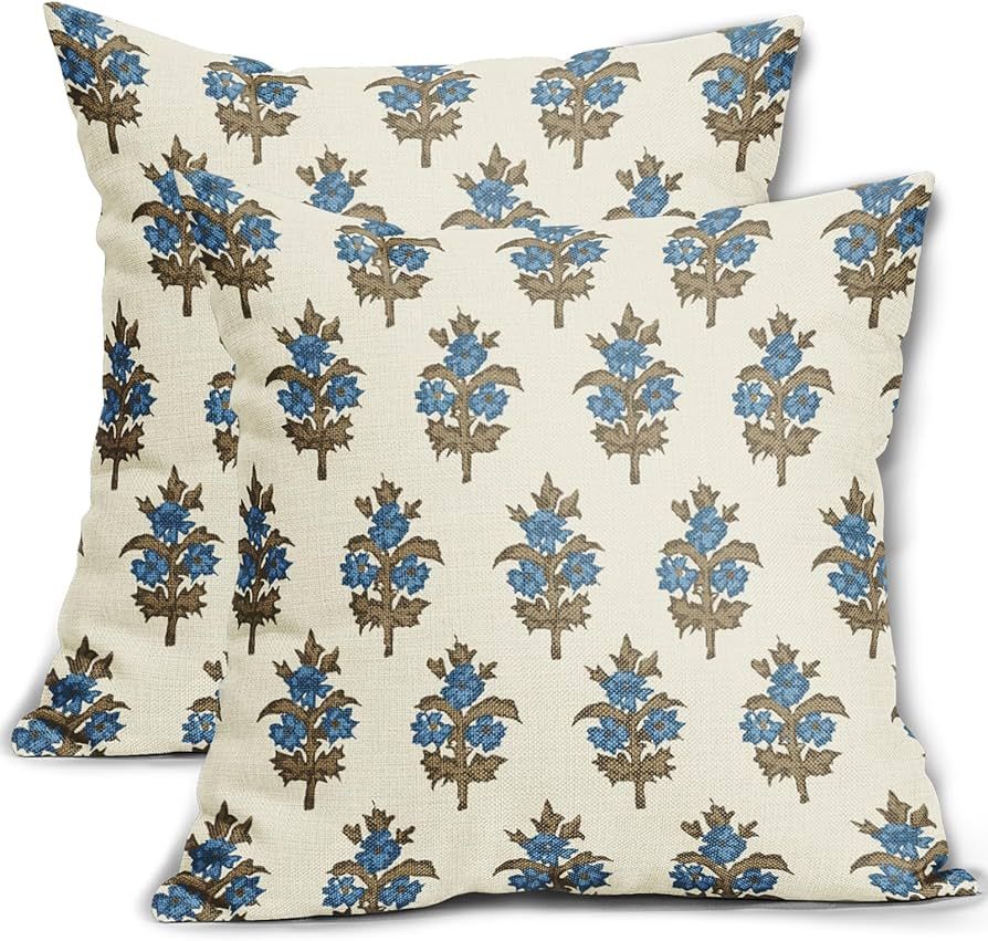sorfbliss Brown Blue Floral Pillow Covers 18x18 Set of 2 Spring Flower Leaves Print Decorative Th... | Amazon (US)