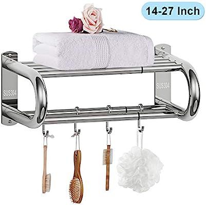 14-27 Inch Adjustable Double Towel Rack Shelf with Storage Hooks, Premium 304 Stainless Steel, Wa... | Amazon (US)