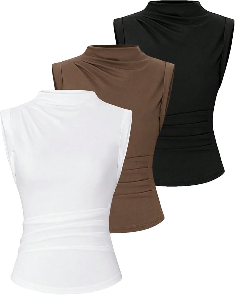 OYOANGLE Women's 3 Pack Mock Neck Ruched Tank Tops Basic Solid Summer Sleeveless Fitted Top | Amazon (US)