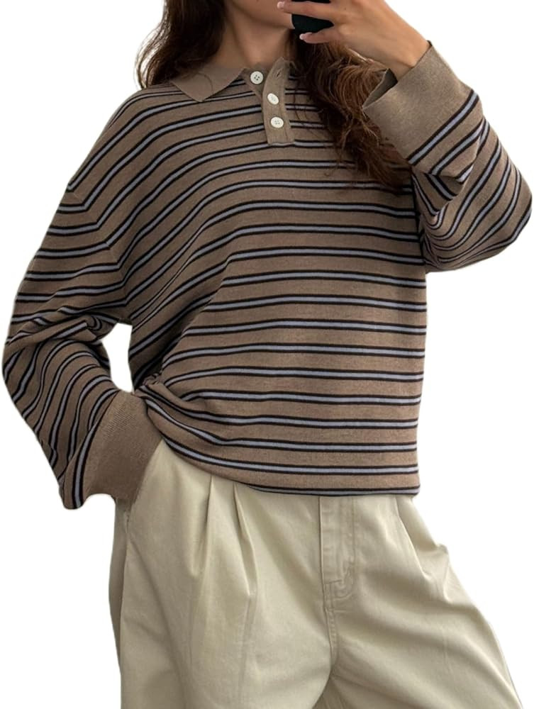 Womens Fall Striped Sweaters Tops Lapel Polo Knit Sweater Color Block Long Sleeve Casual Soft Pul... | Amazon (US)