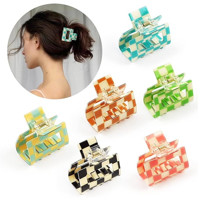 6 Pack Checkered Hair Claw Clips,Multicolored Square Medium Hair Clips, Non-Slip Claw Clips Hair ... | Amazon (US)