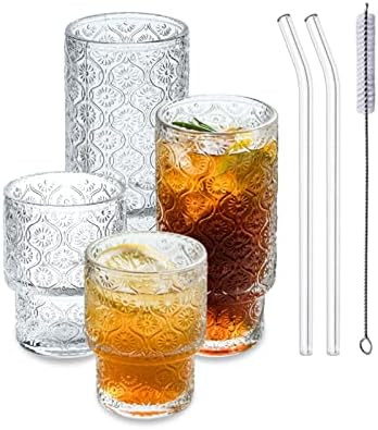 Vintage Drinking Glass Cups Set of 4, Ribbed Glassware Unique Pattern Style, Origami Style Transp... | Amazon (US)