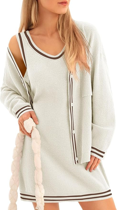 Fisoew Womens 2 Piece Outfits Casual Button Down Cardigan Sleeveless Loose Mini Dress Knit Sweate... | Amazon (US)