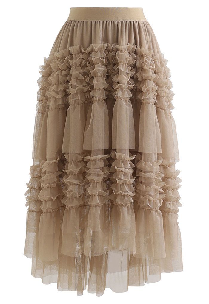 Ruffle Tiered Hi-Lo Mesh Tulle Skirt in Tan | Chicwish