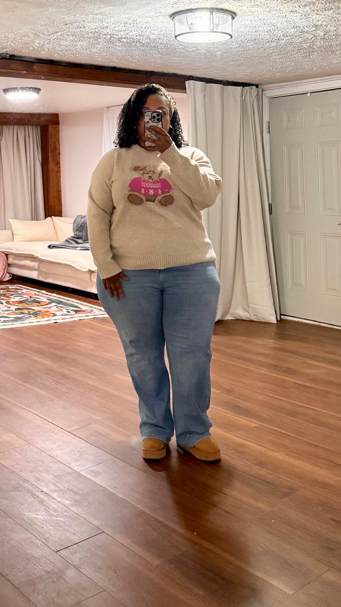 Casual day at work, so I kept it comfy cute. Wearing this teddy bear sweater LOOK  from Walmart (size XXL.  Polo got their fancy teddy bear…
but mine was $17.98 and minds its business. 😂
Threw on my stretchy Levi’s from Amazon and my comfy boots because if I’m going to get through this day, I need comfort.

#LTKPlusSize #LTKHoliday #LTKFindsUnder50