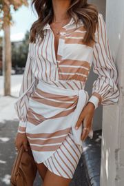 Taleen Long Sleeve Tie Mini Dress - Beige Stripe | Petal & Pup (US)