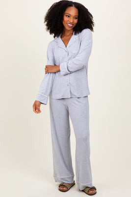Heather Grey Button Down Top Wide Leg Pant Pajama Set | PinkBlush Maternity