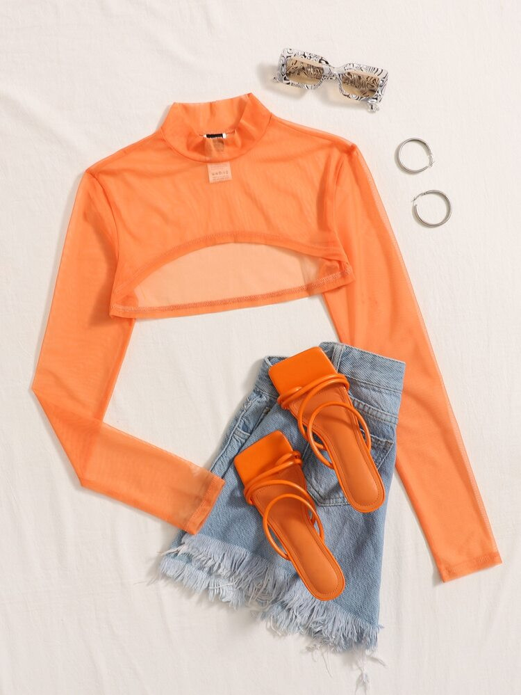 SHEIN BAE Mock-neck Super Crop Mesh Top | SHEIN