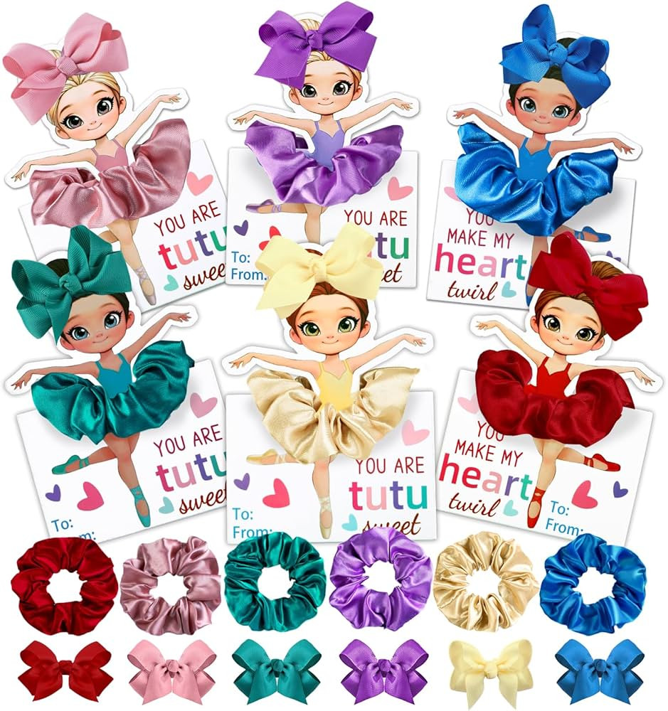 Valentines Day Gifts for Kids,24 Pack Ballerina Cards With Hair Scrunchies Bow Clips Hair Accesso... | Amazon (US)