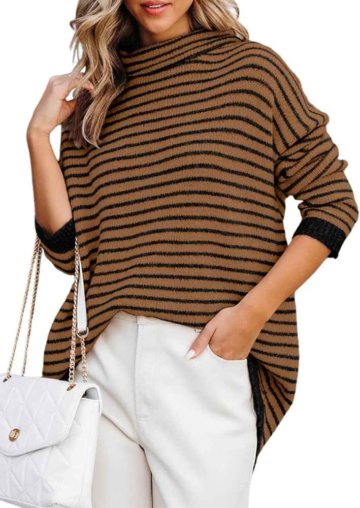 Dokotoo Womens Oversized Turtleneck Pullover Sweaters 2023 Striped Warm Long Sleeve Knit Tunic Jumpe | Amazon (US)