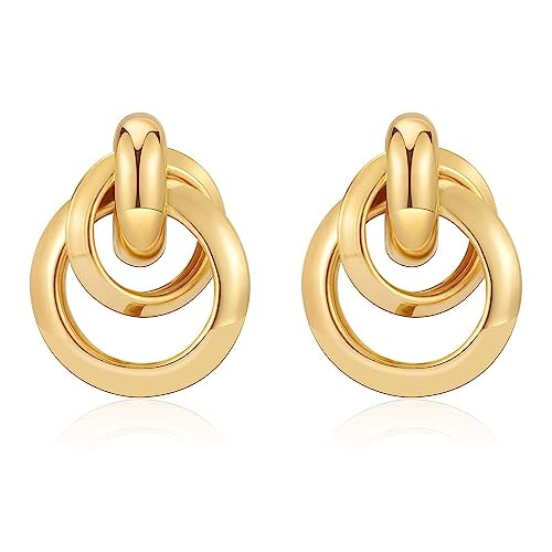 Vintage Gold Silver Doorknocker Drop Stud Earrings for Women, Thick Chunky Geometric Link Hoops E... | Amazon (US)