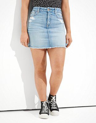 AE Ne(x)t Level Curvy High-Waisted Denim Mini Skirt | American Eagle Outfitters (US & CA)