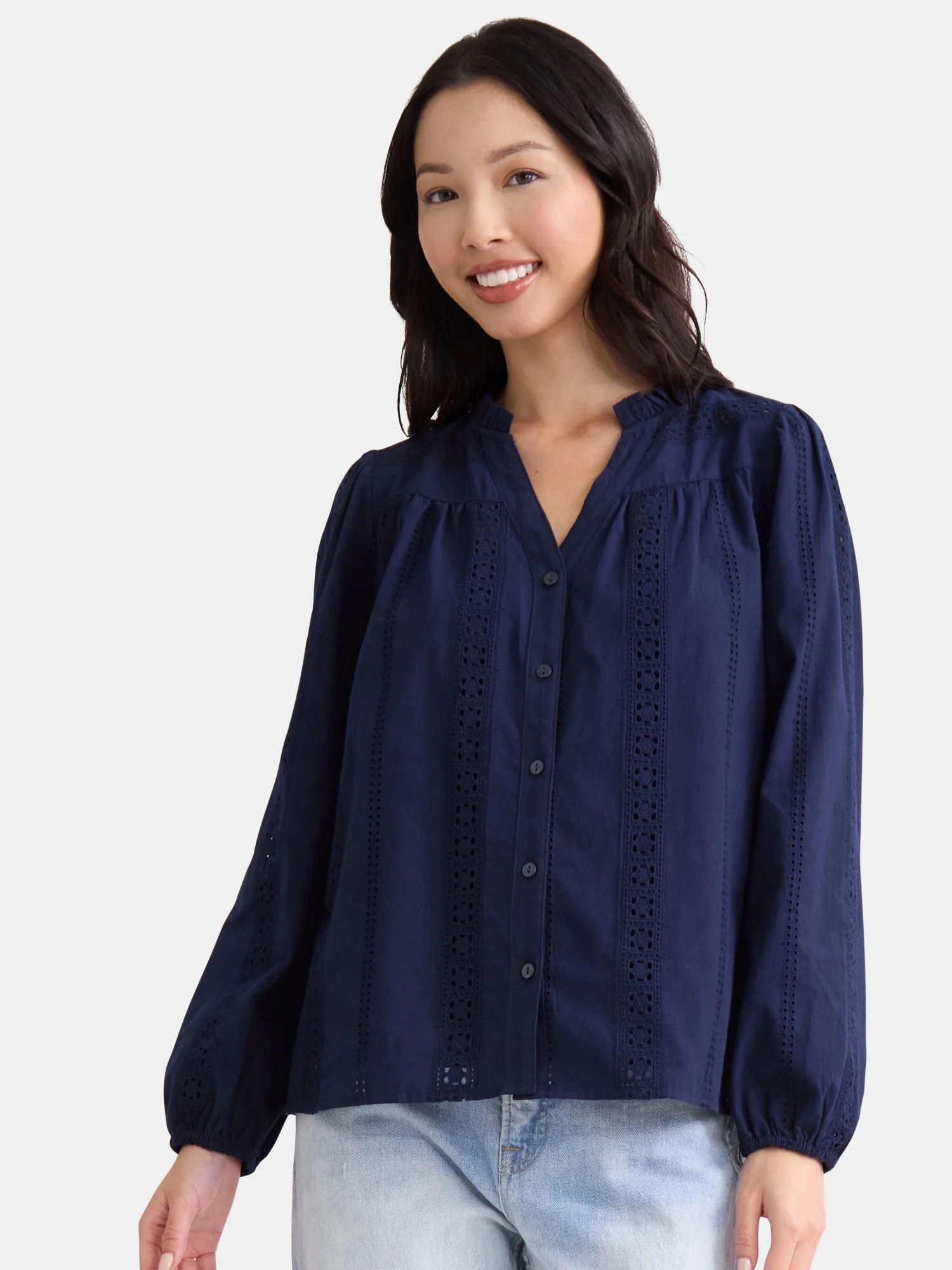 Time and Tru Women's Eyelet Embroidered Peasant Blouse, Sizes XS-XXXL | Walmart (US)