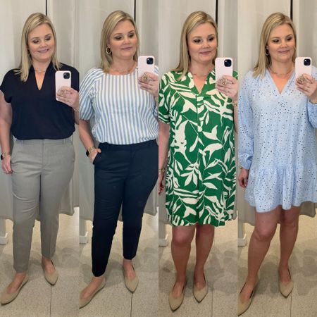New H&M try-on! Black top, size large; grey pants and black pants are the same style, fit a bit snug through hips so size up. Green dress fits big, size down- I’m in the medium. Blue eyelet dress is very roomy but short on me at 5’9” 

#LTKOver40 #LTKMidsize #LTKStyleTip