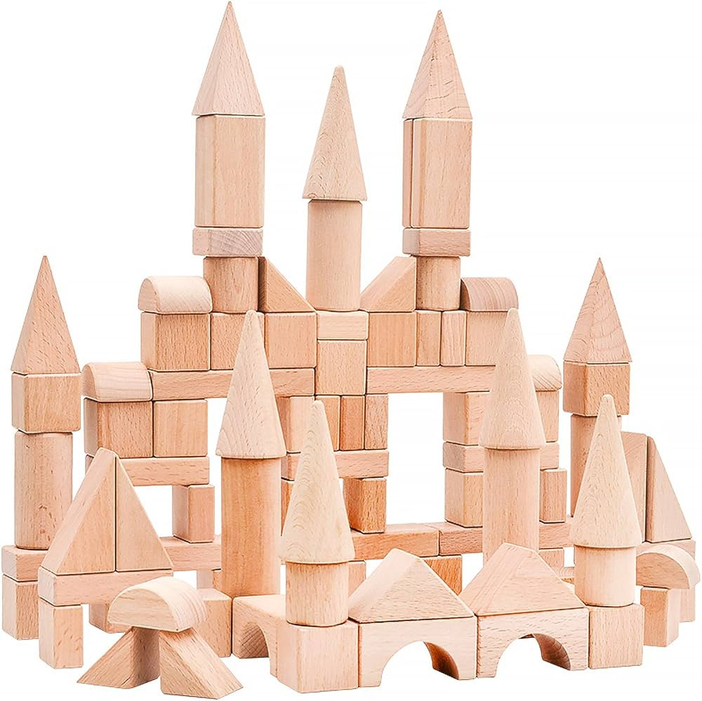 Kids Wooden Blocks - 100 Pcs - Building Blocks for Toddlers - Natural Beech Wood Blocks - Prescho... | Amazon (US)