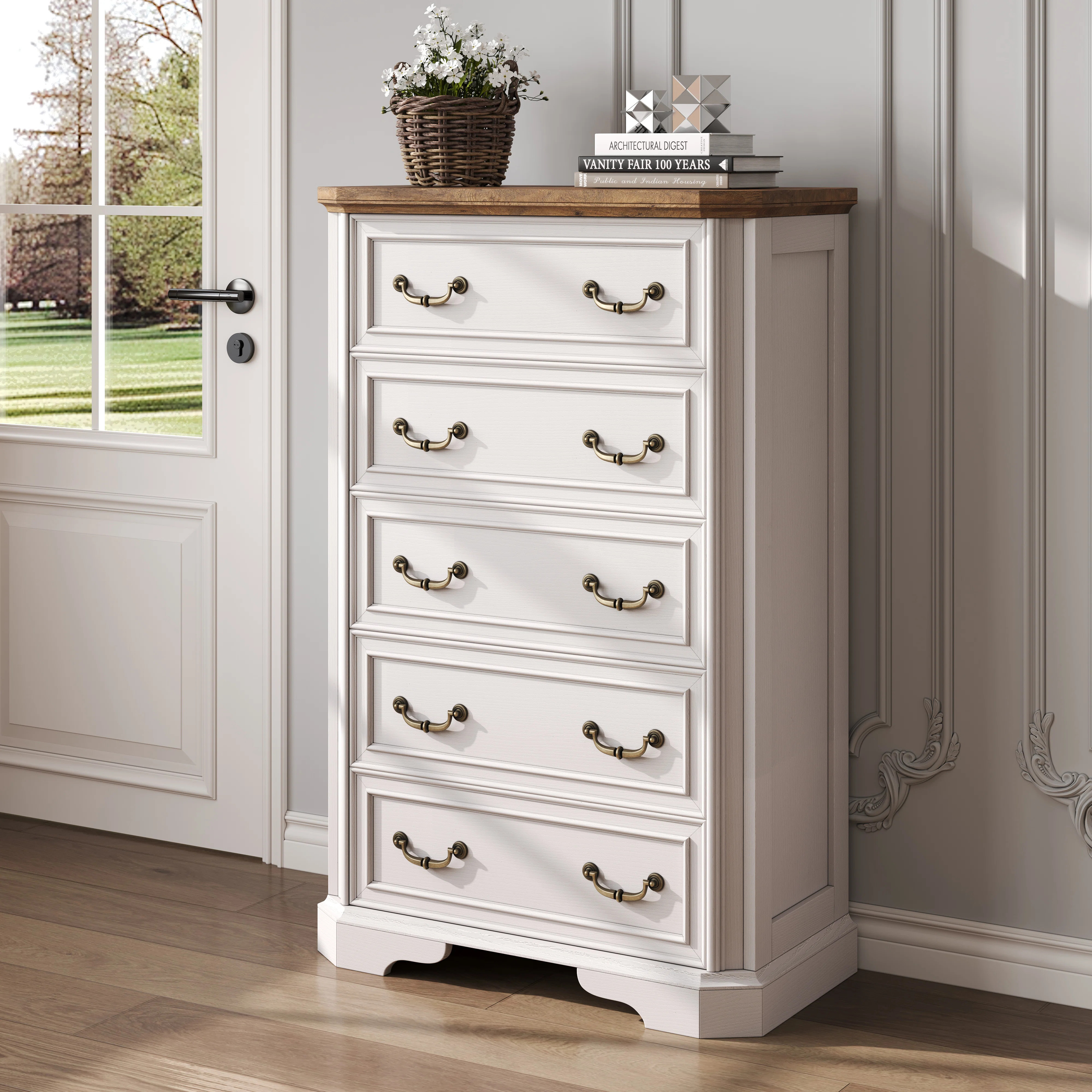 Coghiel 5 Drawer 31.5" W Farmhouse Wooden Dresser, White | Wayfair North America