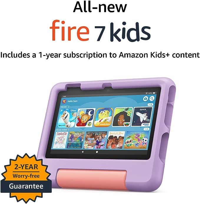 All-new Fire 7 Kids tablet, 7" display, ages 3-7, with ad-free content kids love, 2-year worry fr... | Amazon (US)