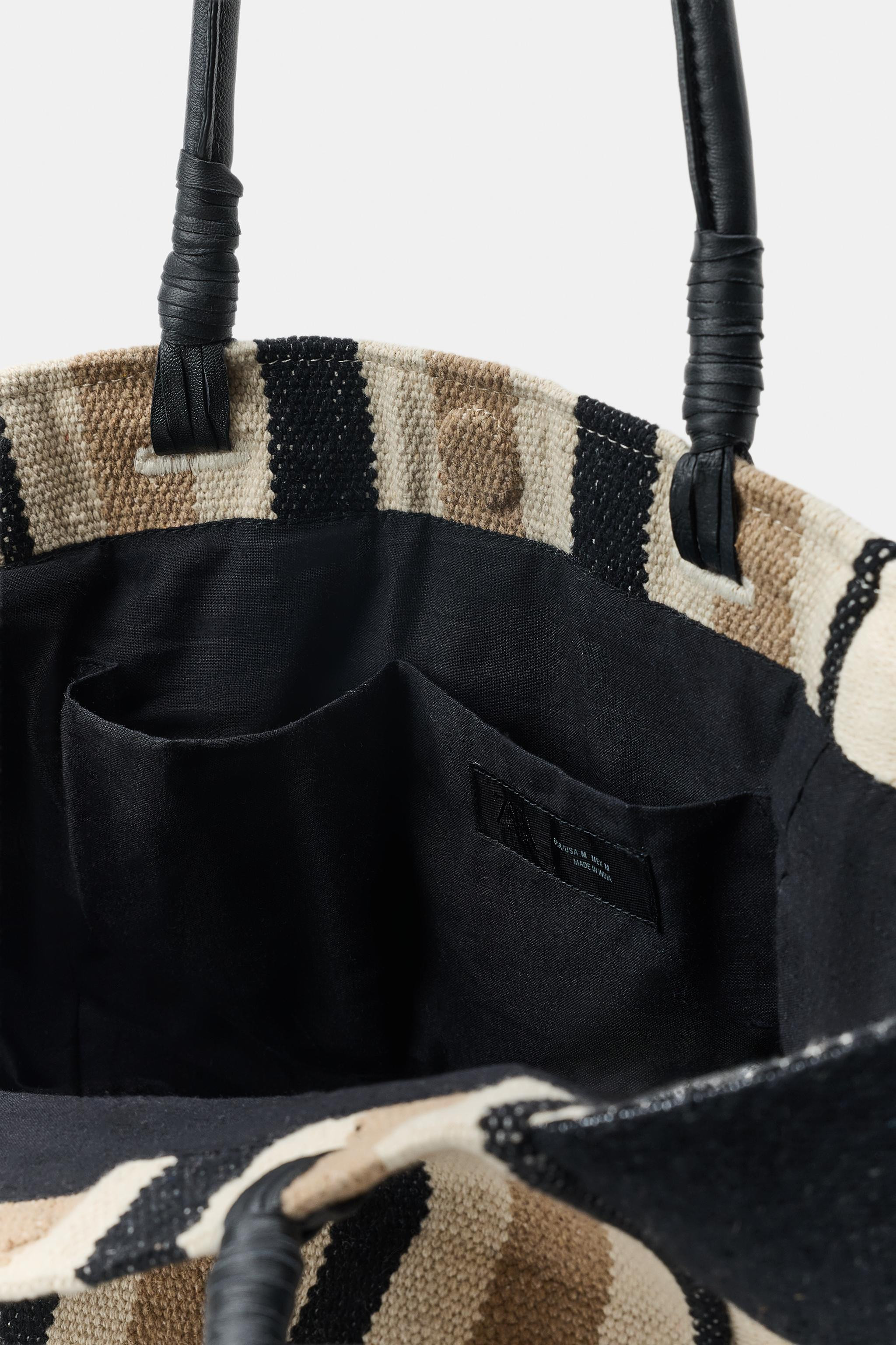 STRIPED BAG WITH LEATHER HANDLES | Zara US