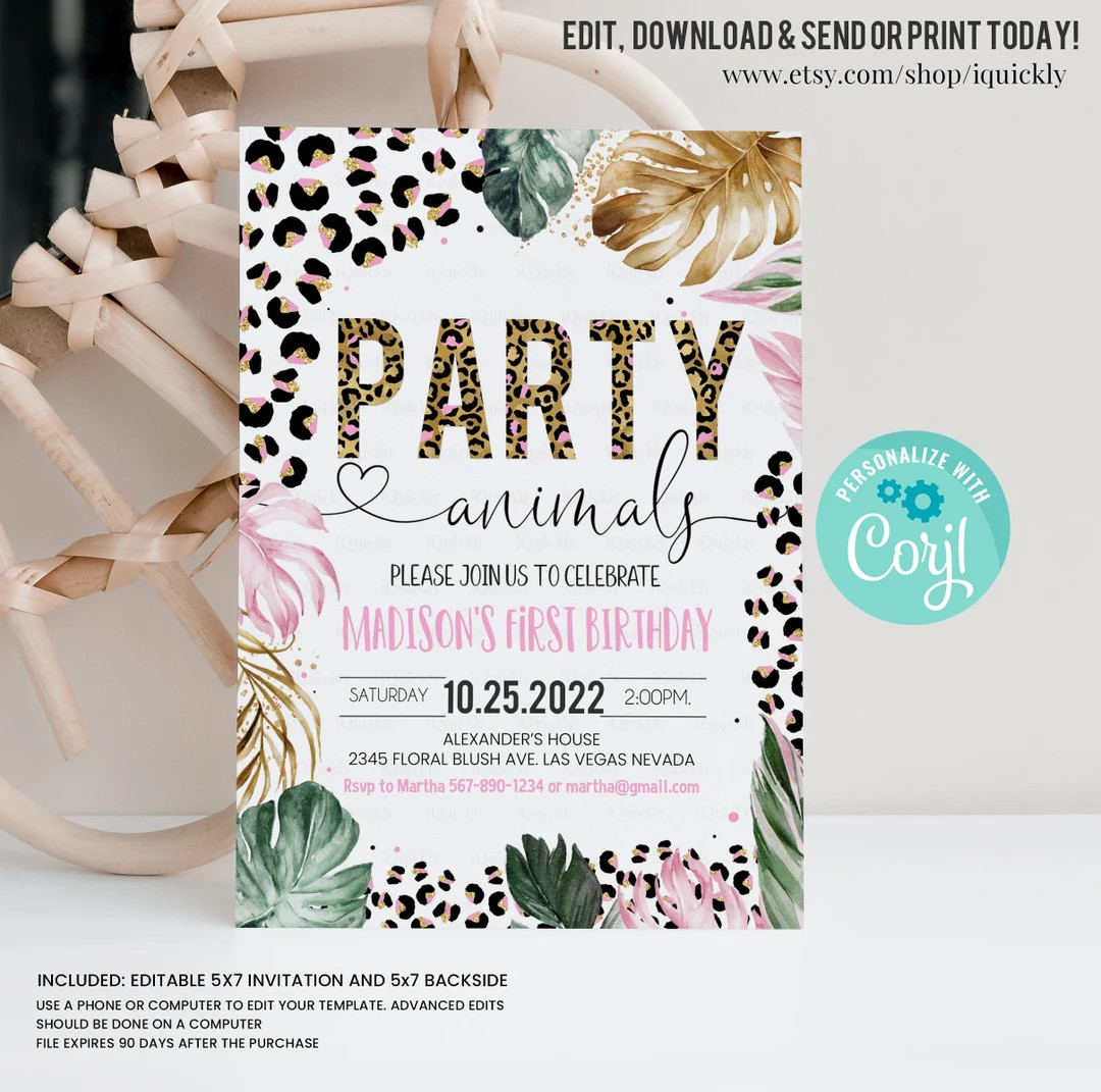 Editable Party Animals Birthday Invitation Leopard Print Jungle Birthday Party Leopard Print Wild... | Etsy (US)