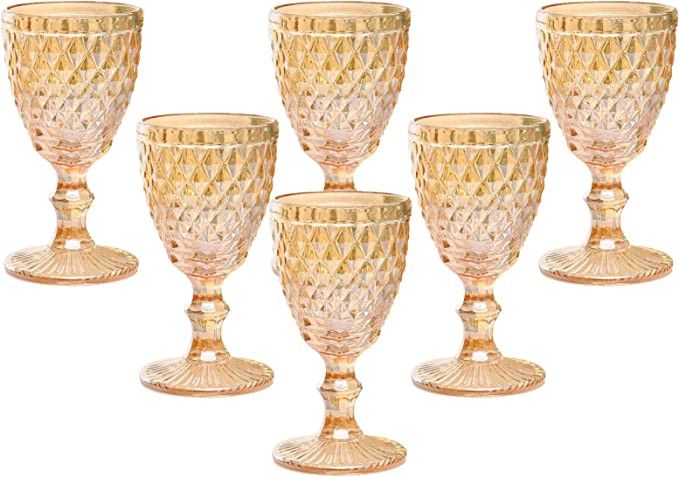 Vintage Wine Glasses Set of 6, 10 Ounce Colored Glass Water Goblets, Unique Embossed Pattern High... | Amazon (US)