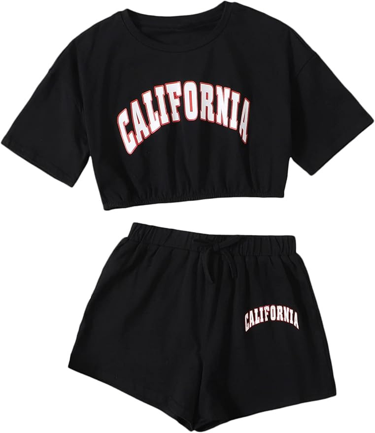 SheIn Girls Short Sleeve Letter Graphic 2pcs Crop Top and Track Shorts Set | Amazon (US)