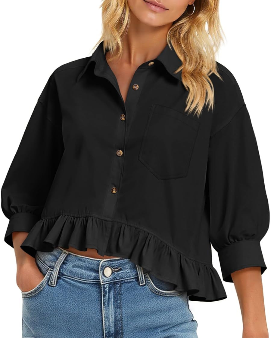 Cicy Bell Womens Cropped Button Down Shirts 3/4 Length Sleeve Casual Cotton Blouses Loose Fit Ruf... | Amazon (US)