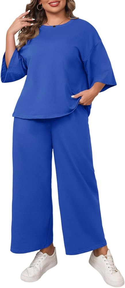 Beautife Womens Plus Size 2 Piece Outfits 3/4 Sleeve Tops and Wide Leg Pants Loungewear Pajamas S... | Amazon (US)