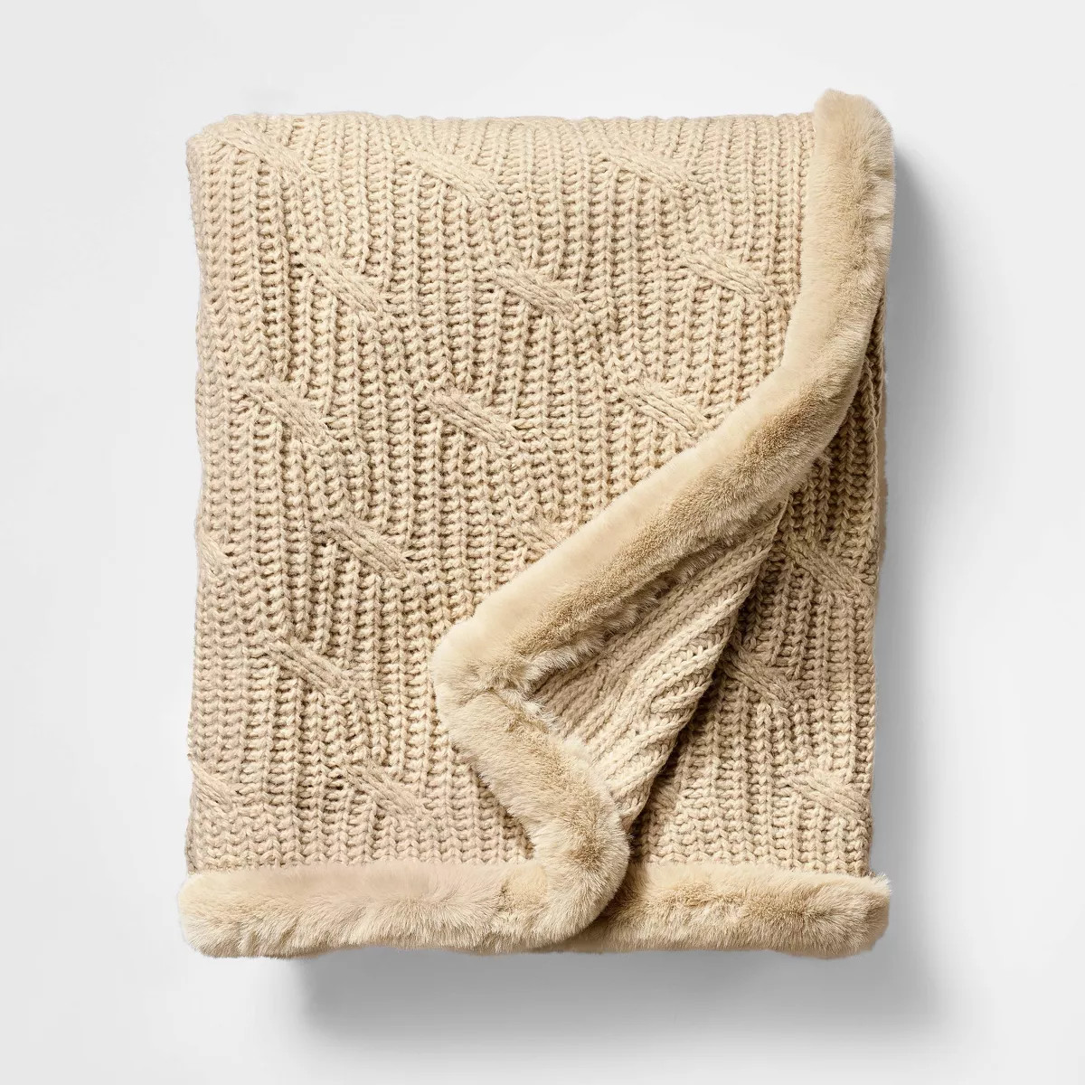 Tan Cable Throw Blanket with Faux Fur Trim - Threshold\u2122 designed with Studio McGee | Target
