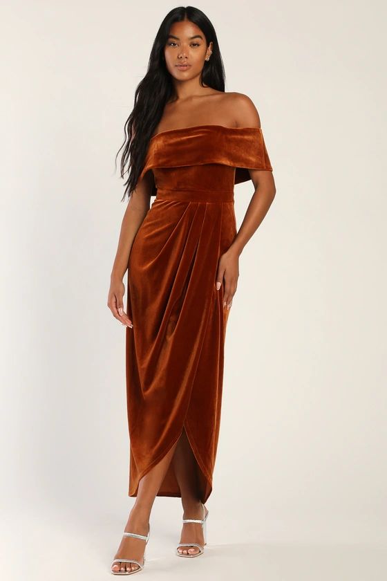 I'm Enchanted Rust Orange Velvet Off-the-Shoulder Maxi Dress | Lulus (US)