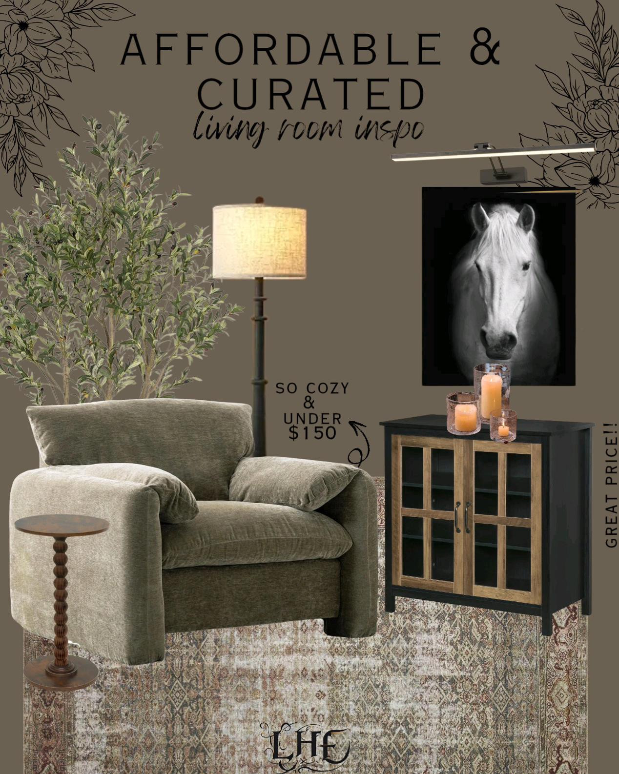 Moody living room inspo! Shop by clicking the thumbnails below 👇.  . . Wall art, horse wall art, moody wall art, floor lamp, modern farmhouse living room, living room inspo, moody living room, buffet cabinet, cabinet, sideboard, two toned cabinet, accent table, living room table, rechargeable wall light, wall light, wall sconces, accent chair, oversized chair, cozy chair, Pedestal table, Pedestal drink table, olive tree, affordable home, home decor, affordable living room furniture, living room furniture, amazon rug, vintage rug, farmhouse living room, modern farmhouse living room, affordable rug, candle holder

#LTKHome #LTKSaleAlert #LTKStyleTip