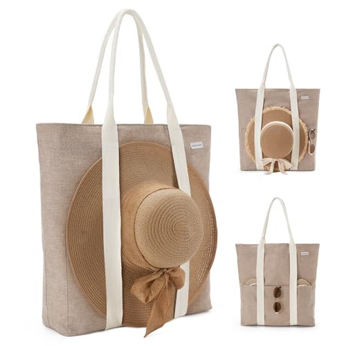 Large Beach Tote Bag with Zipper - Travel Tote for Women with Sun Hat Holder Strap - Vacation Beach Bag, Boho Summer Sand Tote with Secure Hat Carrier, Khaki | Amazon (US)