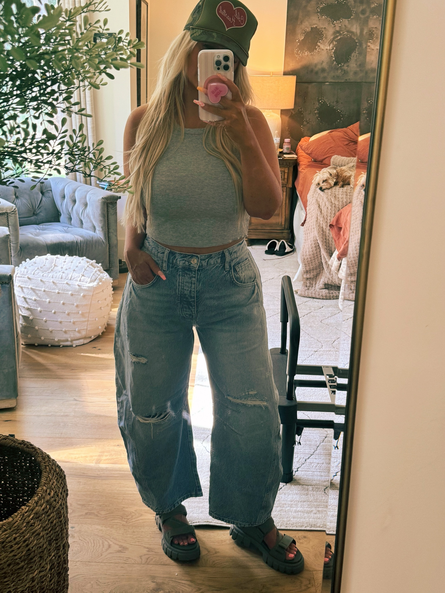 Barrel jeans, by free people 💯 so so so good! We The Free Good Luck Mid-Rise Barrel Jeans in barnyard blue. If they had a little stretch, they would be perfect! These palladium, Revolt Mono Sandals in dusty green are my new favorite!