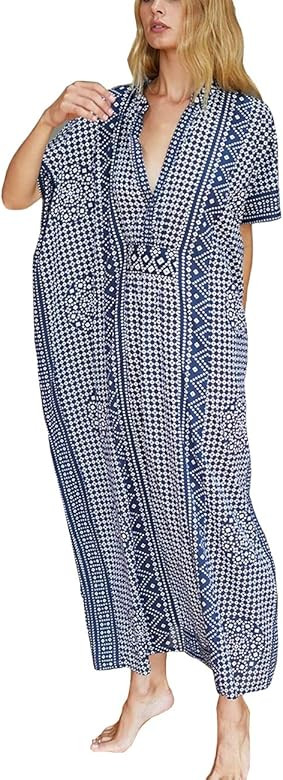 Women's Swimwear Turkish Kaftans Floral Print Swimsuit Cover up Caftan Beach Maxi Long Dress | Amazon (US)