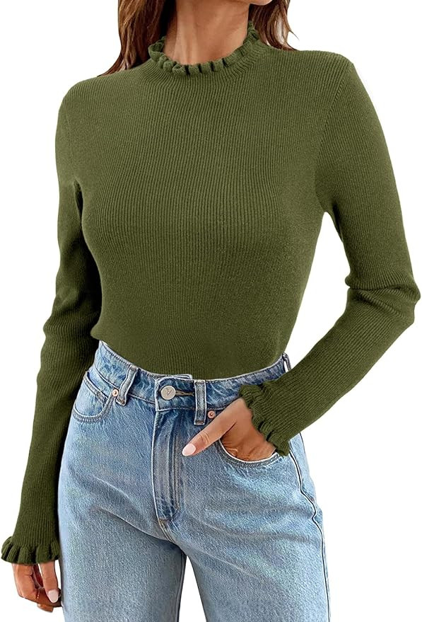 EVALESS Fall Sweaters for Women 2024 Casual Ruffle Crewneck Long Sleeve Sweaters Ribbed Knit Slim... | Amazon (US)