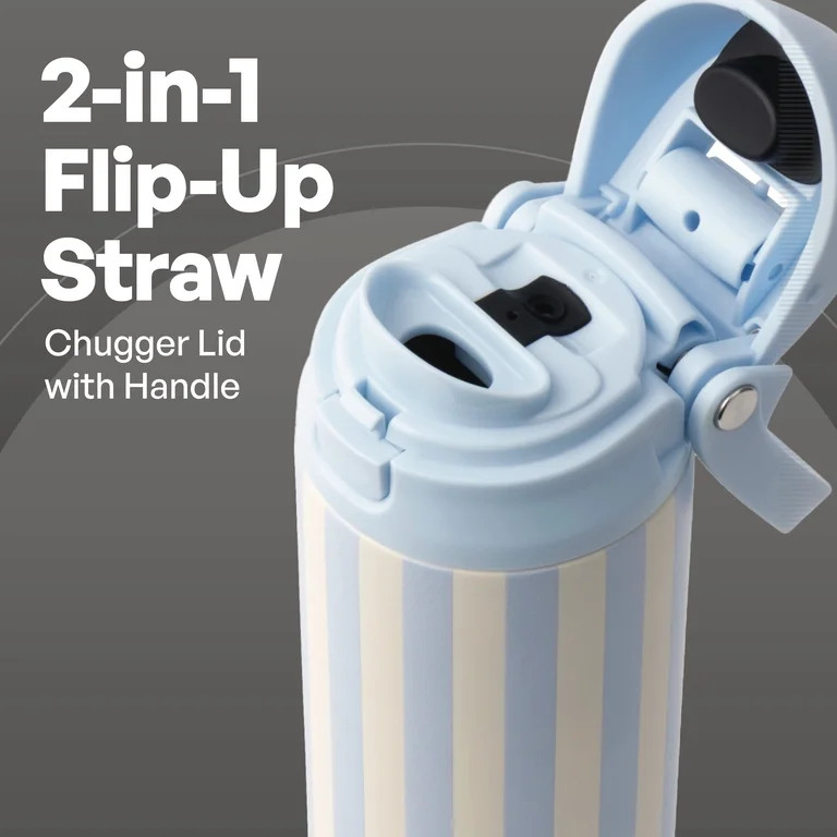 TAL 24oz Stainless Steel 2-in-1 Straw and Chug Water Bottle with Push Lid, Light Blue Stripe | Walmart (US)
