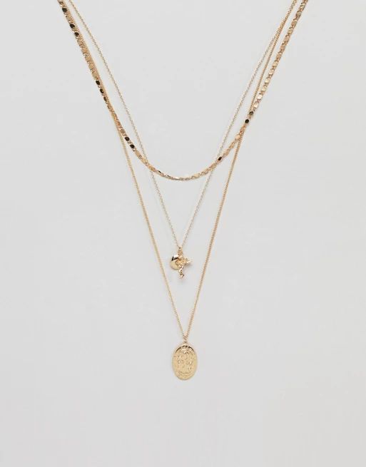 ASOS DESIGN multirow necklace with mixed chains and vintage style charms in gold | ASOS UK