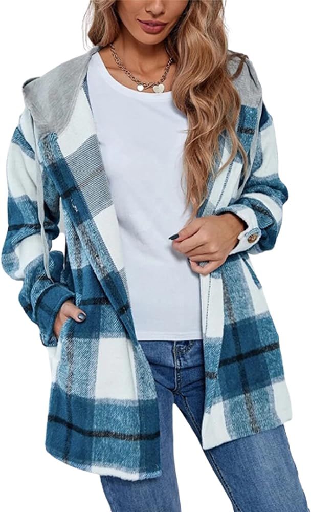 Xiaoxuemeng Womens Flannel Plaid Shirt Wool Blend Shacket Hoodie Button Down Jacket Coat | Amazon (US)