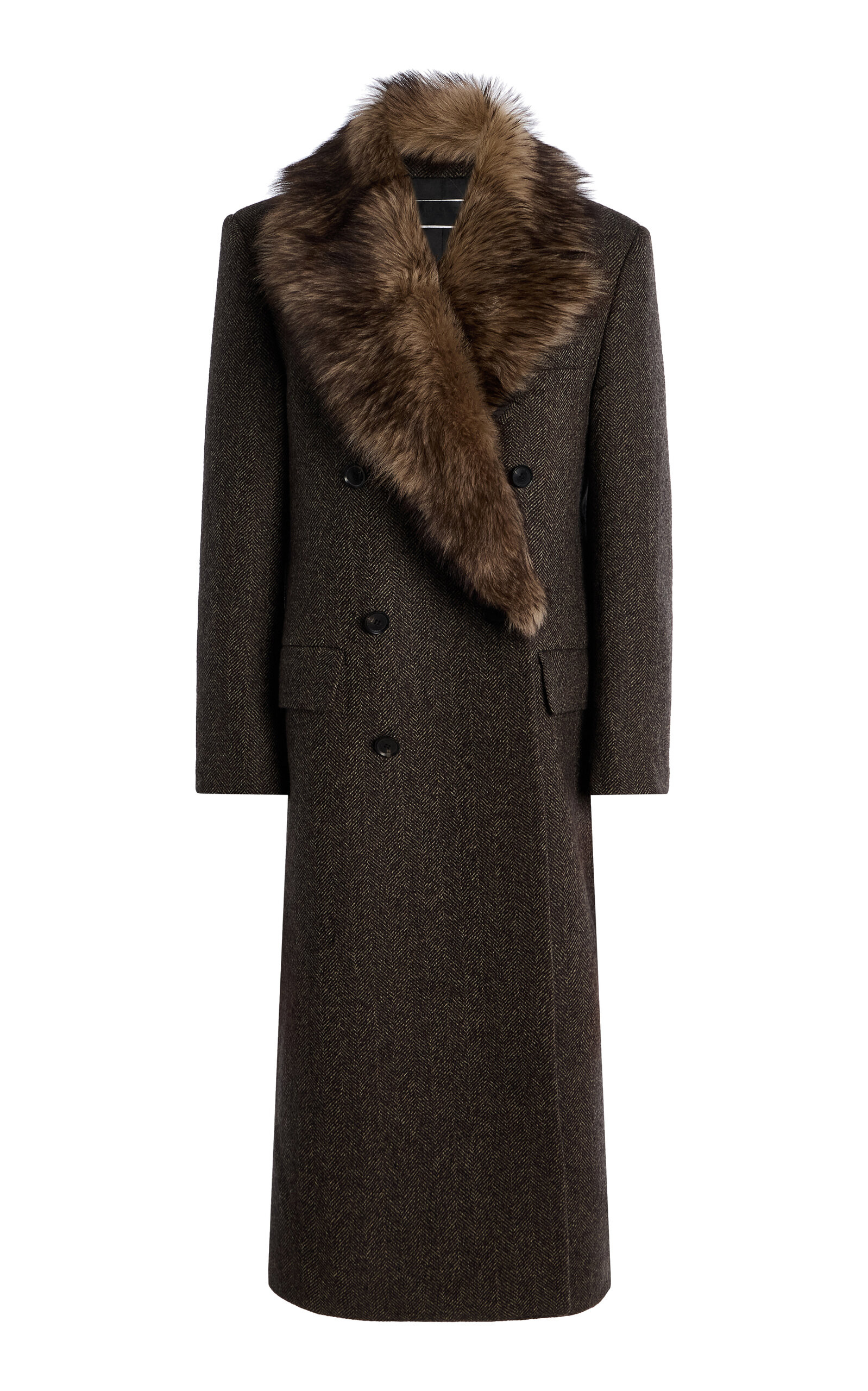 NILI LOTAN Edina Shearling-Trimmed Herringbone-Wool Double-Breasted Coat - Moda Operandi | Moda Operandi (Global)