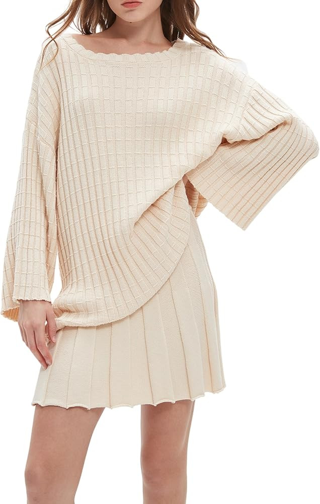Womens 2 Piece Outfits Oversized Casual Loose Knit Sweater Pleated A Line Mini Skirt Lounge Match... | Amazon (US)