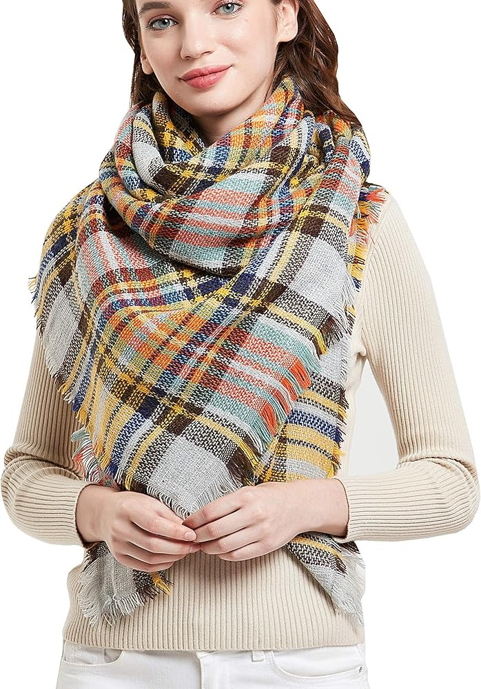 Wander Agio Womens Warm Scarf Square Shawls Large Infinity Scarves Stripe Plaid Scarf | Amazon (US)