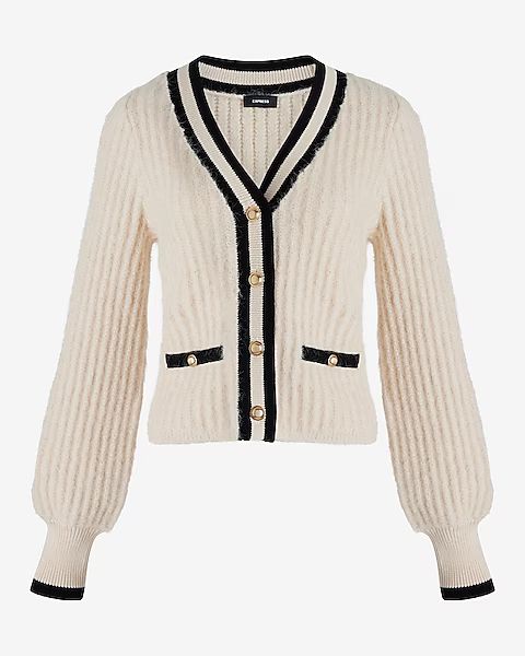 Fuzzy Knit Tipped Novelty Button Cardigan | Express