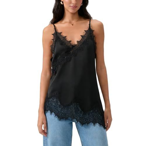 Qmlyev Satin Lace Cami Top for Women V Neck Spaghetti Strap Long Camisole Tops Asymmetrical Hem Flowy Layering Slip Dress (Dark Black, S) | Amazon (US)