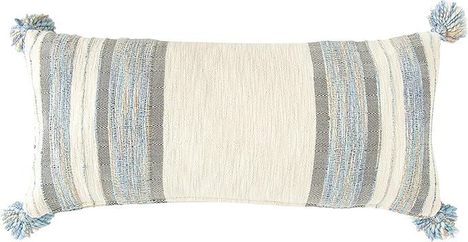 Creative Co-Op Blue, Grey & Cream Striped Cotton Blend Lumbar Tassels Pillows | Amazon (US)