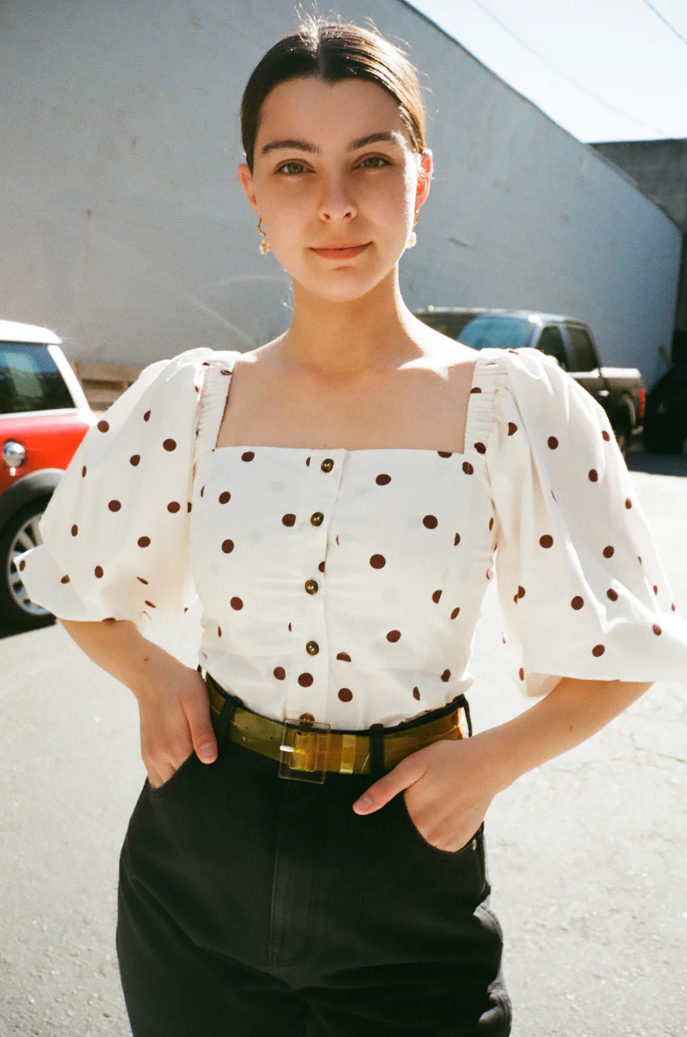 Polka Dot Printed Cotton Poplin Square Neck Top - Egret | Lisa Says Gah