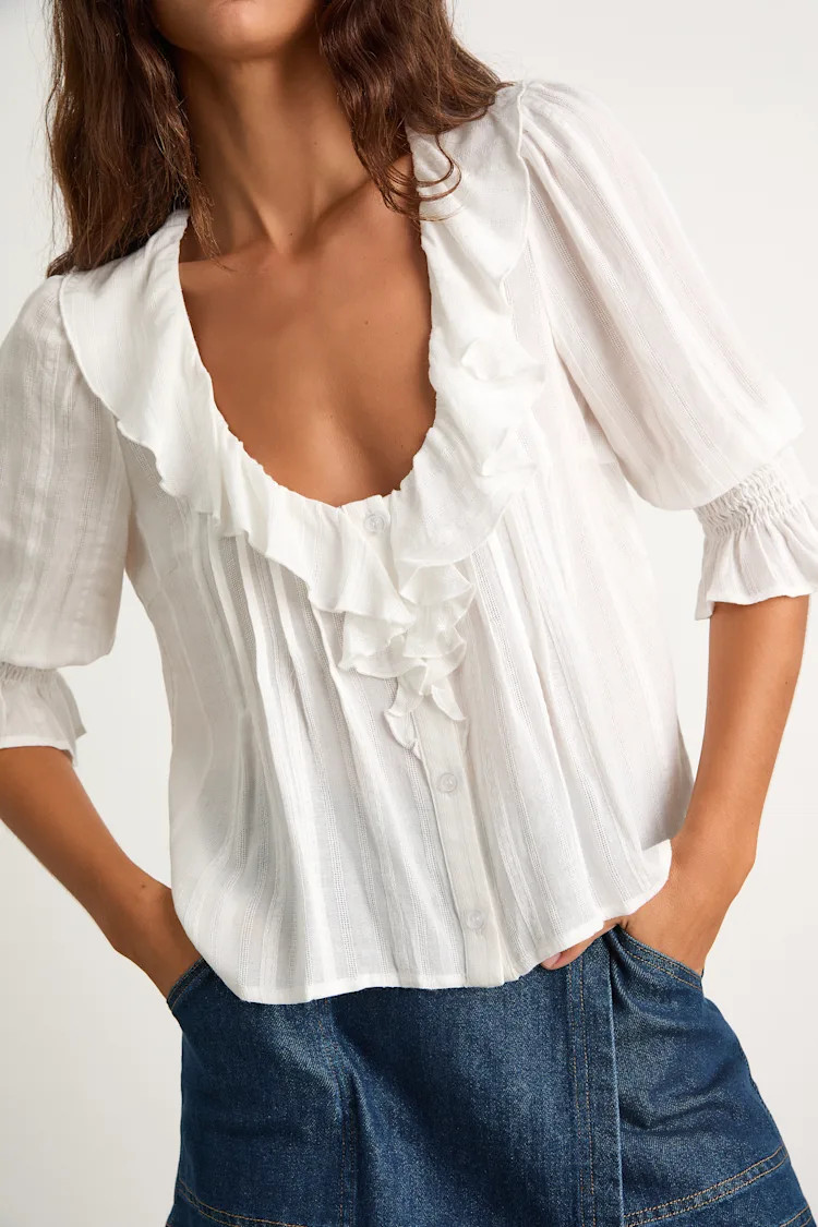 Hermione Ivory Ruffled Button-Front Top | Lulus